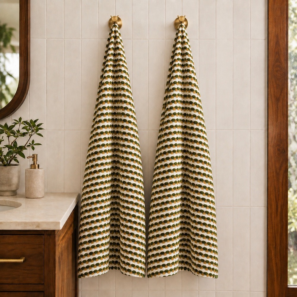 Cannon Classic Set of 2 Yarn Dyed Terry Oversized Bath Sheet Green Tan Dot 34x68
